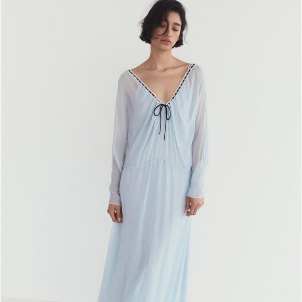 Zara NWTs Elegant Sheer Chiffon Blue Nightgown size small - Picture 2 of 13